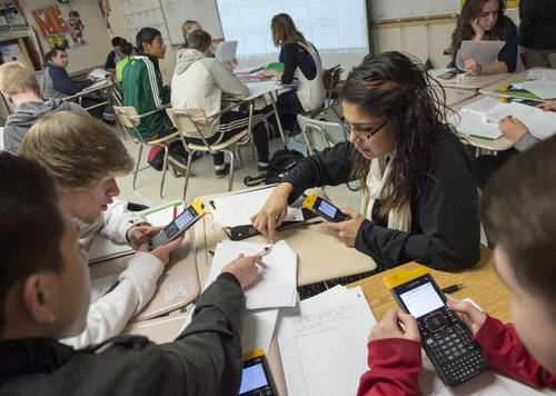 Keith Johnson | Tribune file photo

Students in Rob Lake's introduction to statics class use their Texas Instruments wireless calculators  at Kearns High School, February 5, 2014 in Kearns.