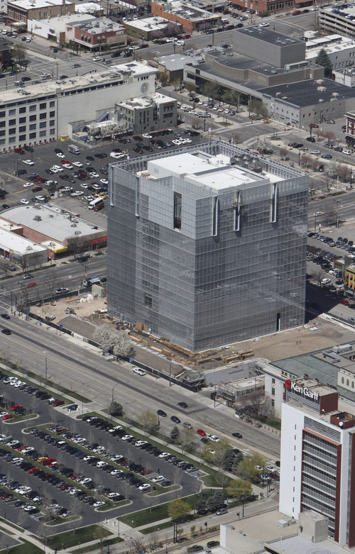 Francisco Kjolseth  |  The Salt Lake Tribune
The new Federal building shaped like a glass cube and seen in April of 2013 nears completion in downtown Salt Lake City.