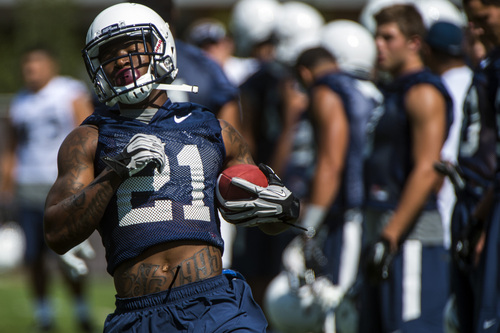 Chris Detrick  |  The Salt Lake Tribune
Brigham Young Cougars running back Jamaal Williams (21) during a practice at Richards Building Fields Friday August 1, 2014.