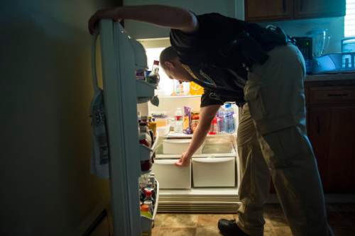Chris Detrick  |  The Salt Lake Tribune
Adult Probation and Parole agent Chris Moore searches through a refrigerator during an unscheduled visit with probationer Brittanie Yeaman, 37, at her home Thursday July 31, 2014.