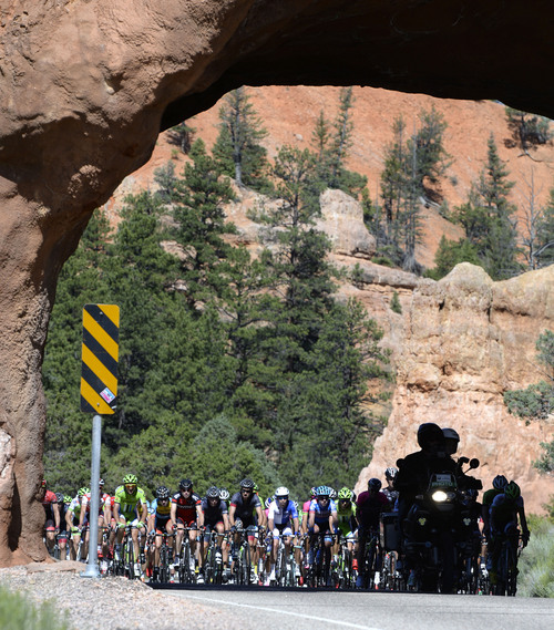 Al Hartmann  |  The Salt Lake Tribune 
The peleton of over 120 riders enter the tunnels in Red Canyon during the Tour of Utah second stage Tuesday August 5, 2014. The second stage of the race ran along scenic SR 12 from Panguitch to Torrey covering 130 miles. The race takes a northerly serpentine path through Red Canyon, Bryce Canyon National Park, Grand Staircase-Escalante National Monument and the Dixie National Forest. Racers ecountered 10,162 feet of climbing on this longest stage of the week, passing the towns of Tropic, Escalante and Boulder and downhill into Torrey.
