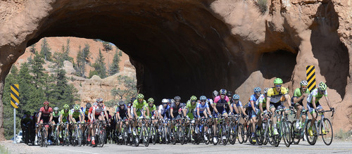 Al Hartmann  |  The Salt Lake Tribune 
The peleton of over 120 riders come through the tunnels in Red Canyon during the Tour of Utah second stage Tuesday August 5, 2014. The second stage of the race ran along scenic SR 12 from Panguitch to Torrey covering 130 miles. The race takes a northerly serpentine path through Red Canyon, Bryce Canyon National Park, Grand Staircase-Escalante National Monument and the Dixie National Forest. Racers ecountered 10,162 feet of climbing on this longest stage of the week, passing the towns of Tropic, Escalante and Boulder and downhill into Torrey.