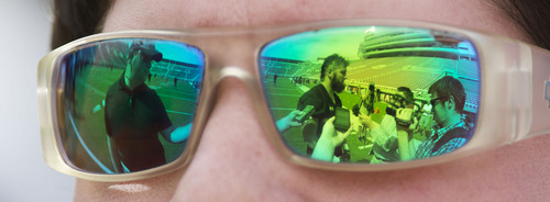 Steve Griffin  |  The Salt Lake Tribune

Utah defensive back Brian Blechen is reflected in a reporter's sunglasses as he talks with the media after football practice at Rice-Eccles Stadium in Salt Lake City Monday, Aug. 4, 2014.