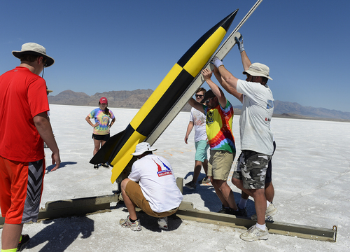 Scott Sommerdorf   |  The Salt Lake Tribune
The FAA gave the Utah Rocket Club clearance to launch rockets up to 25,000 feet from the Salt Flats for four days. The annual launch, named Hellfire, was held Thursday July 31 to Sunday Aug. 3, 2014. These monsters burst up from the ground with 750 pounds of pure thrust and can reach 25,000 feet in under a minute. Hellfire draws rocket hobbyists from throughout the United States. It is free to the public, each year attracting a sizable crowd of spectators, Saturday, August 2, 2014.