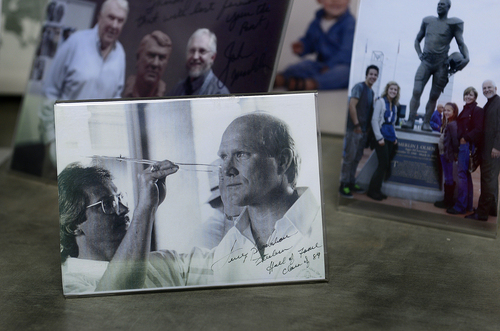 Scott Sommerdorf   |  The Salt Lake Tribune
Sculptor Blair Buswell is shown in a signed photo, taking measurements of Terry Bradshaw's face for a bust destined for the NFL Hall of Fame. Buswell has done many busts for the NFL Hall of Fame and numerous other sports-related sculptures.