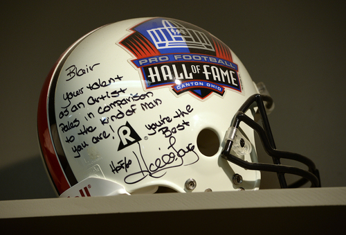 Scott Sommerdorf   |  The Salt Lake Tribune
Sculptor Blair Buswell has this Hall of Fame helmet autographed to him by Raiders' great Howie Long in inside his Pleasant Grove studio. Buswell has done many busts for the NFL Hall of Fame and numerous other sports-related sculptures.