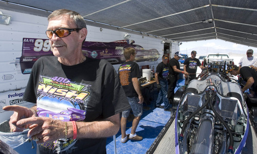 Paul Fraughton  |   Salt Lake Tribune
   Terry  Nish, who has spent years building and racing  cars on the Salt Flats talks about his latest machine, Royal Purple.                        
 Tuesday, August 13, 2013