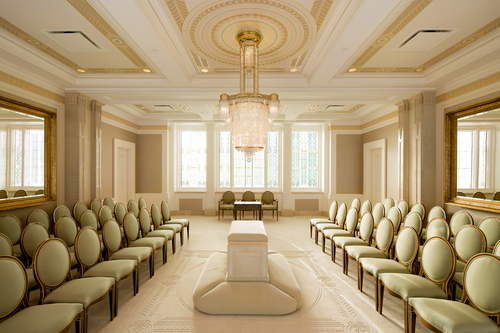 Sealing room in the newly remodeled Mormon Temple in Ogden, Utah. Photo courtesy LDS Newsroom