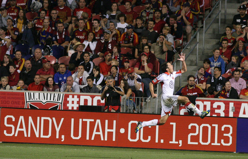 Leah Hogsten | The Salt Lake Tribune
D.C. United midfielder Lewis Neal (24)leaps into the air after his first half goal. The 2013 Lamar Hunt U.S. Open Cup Final kicked off Tuesday when Real Salt Lake hosted D.C. United at Rio Tinto Stadium in Sandy, Utah, Tuesday, October 1, 2013. The winner will get a spot in the CONCACAF Champions League.