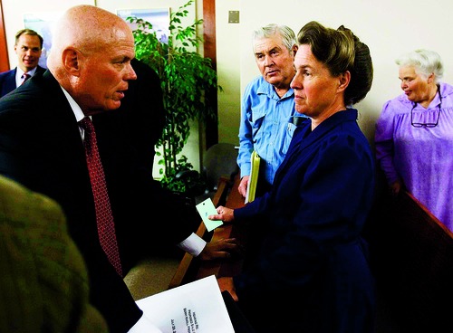 Trent Nelson  |  The Salt Lake Tribune 

FLDS member Mary Harker, right, speaks with UEP trust administrator Bruce Wisan following a 2009 court hearing.