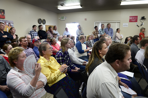 Scott Sommerdorf   |  The Salt Lake Tribune
An overflow crowd of about 90 people attend a meeting held at Mohave Community College in Colorado City to discuss the UEP distribution, Saturday, August 9, 2014.