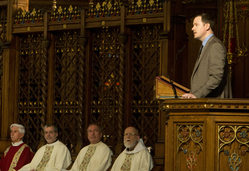 Rick Egan  |  The Salt Lake Tribune

Joseph Boland of Catholic Extension gives a scriptural reading in Spanish during the Mass and Blessing of  Lay Ecclesial Ministers at the Cathedral of the Madeleine, Saturday, August 9, 2014.  Eighty-five lay Catholics were commissioned Saturday by Bishop John Wester. Catholic Extension provided $250,000 for the Spanish-speaking ministers' training.