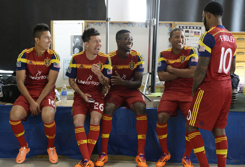 Francisco Kjolseth  |  The Salt Lake Tribune
Real Salt Lake players Carlos Salcedo, Sebastian Velasquez, Olmes Garcia, Joao Plata and Robbie Findley, from left, joke around as they convene for its 2014 Media Day four weeks ahead of the season opener on March 8, at the Ardell Brown Recreational in Sandy on Tuesday, Feb. 4, 2014.