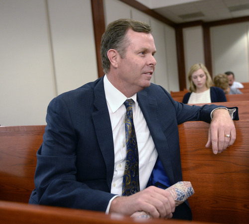 Al Hartmann  |  The Salt Lake Tribune 
Former attorney general John Swallow appears relaxed sitting in Judge Royal Hansen's courtroom in Salt Lake City on July 30 before his first appeance in court. He and former attorney general Mark Shurtleff are charged with receiving or soliciting bribes, accepting gifts, tampering with evidence, obstructing justice and participating in a pattern of unlawful conduct.
