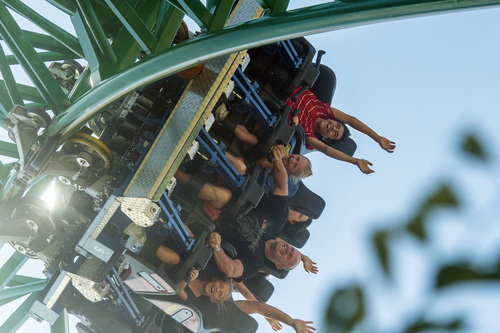 Chris Detrick  |  The Salt Lake Tribune
Guests ride the roller coaster 'Wicked' at Lagoon Tuesday August 12, 2014.