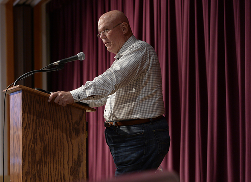 Scott Sommerdorf   |  The Salt Lake Tribune
UEP fiduciary Bruce Wisan speaks at the UEP community meeting held at El Capitan School, Saturday, August 9, 2014.