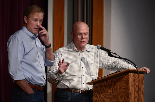 Scott Sommerdorf   |  The Salt Lake Tribune
UEP attorney Jeff Shields, left and UEP fiduciary Bruce Wisan at El Capitan School, Saturday, August 9, 2014.