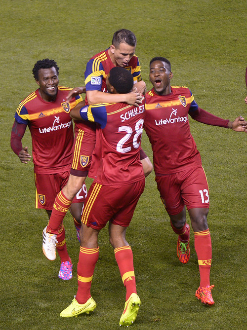 Leah Hogsten  |  The Salt Lake Tribune
Real Salt Lake midfielder Luis Gil (21) celebrates his goal to tie up the game in the 87th minute. 
Mexican team Club Tijuana tied 1-1 with Real Salt Lake, Tuesday, August 12, 2014, at Rio Tinto Stadium in Sandy, Utah.