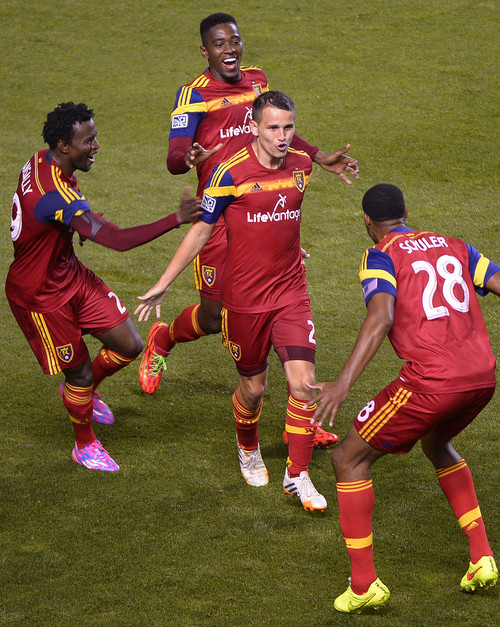 Leah Hogsten  |  The Salt Lake Tribune
Real Salt Lake midfielder Luis Gil (21) celebrates his goal to tie up the game in the 87th minute. 
Mexican team Club Tijuana tied 1-1 with Real Salt Lake, Tuesday, August 12, 2014, at Rio Tinto Stadium in Sandy, Utah.
