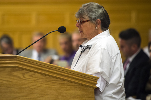Chris Detrick  |  The Salt Lake Tribune
Patsy Rose, of Tooele, speaks during a city council meeting at City Hall Tuesday August 12, 2014.  Salt Lake City police Officer Brett Olsen shot Geist on June 18 during a search for a missing 3-year-old boy, who was later found asleep in his own basement.