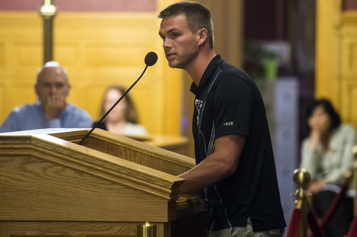 Chris Detrick  |  The Salt Lake Tribune
Sean Kendall speaks during a city council meeting at City Hall Tuesday August 12, 2014.  Salt Lake City police Officer Brett Olsen shot Kendall's dog Geist on June 18 during a search for a missing 3-year-old boy, who was later found asleep in his own basement.