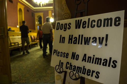 Chris Detrick  |  The Salt Lake Tribune
A sign welcoming dogs in the hallway is displayed before a council meeting at City Hall Tuesday August 12, 2014.  Salt Lake City police Officer Brett Olsen shot Geist on June 18 during a search for a missing 3-year-old boy, who was later found asleep in his own basement.