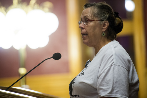 Chris Detrick  |  The Salt Lake Tribune
Susan Bowlden, of South Salt Lake City, speaks during a city council meeting at City Hall Tuesday August 12, 2014.  Salt Lake City police Officer Brett Olsen shot Geist on June 18 during a search for a missing 3-year-old boy, who was later found asleep in his own basement.