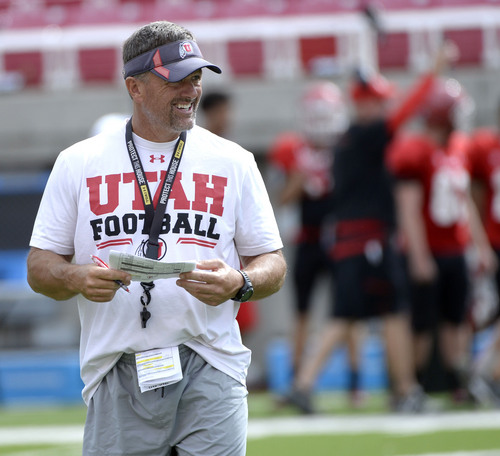 Al Hartmann  |  The Salt Lake Tribune 
Ute head football coach Kyle Whittingham runs practice at Ute football camp Wednesday August 13, 2014.