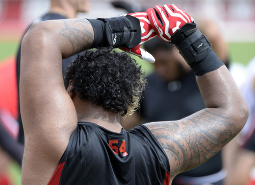 Al Hartmann  |  The Salt Lake Tribune 
A lineman stretches during cool down after practice at Ute football camp Wednesday August 13, 2014.