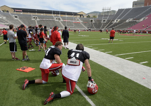 Al Hartmann  |  The Salt Lake Tribune 
Ute football team takes to Rice-Eccles field for practice at football camp Wednesday August 13, 2014.