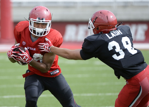 Al Hartmann  |  The Salt Lake Tribune 
Former Granger High School standout running back Tani Lehauli makes a run during the University of Utah's football camp Wednesday August 13, 2104.  He is a walk-on for the Utes.