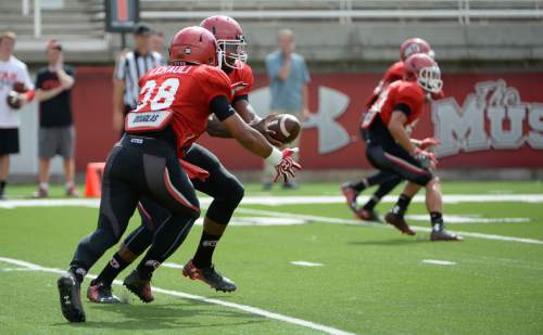 Francisco Kjolseth  |  The Salt Lake Tribune
The University of Utah football team holds practice at Rice-Eccles Stadium on Tuesday morning, Aug. 12, 2014.