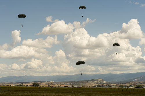 Rick Egan  |  The Salt Lake Tribune
National Guard members from 1st Battalion, 19th Special Forces jump from a UH-60 Blackhawk helicopter as Utah Guard Special Forces Conduct Airborne Training in Ephraim, Thursday, August 14, 2014