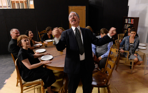 Francisco Kjolseth  |  The Salt Lake Tribune
Dark comedy explodes as Daniel Torrence acts out a scene where two companies, Silver Summit Theatre Company and Utah Repertory Theater Company have assembled the production of "August: Osage County," Tracy Letts' Tony winning play, which was made into a film last year staring Meryl Streep and Julia Roberts. It's an ambitious show with a large cast of SLC's "all stars" and a big set, in a new theater space by two "emerging" companies.