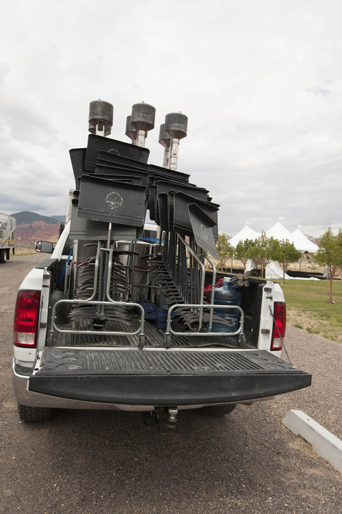 Ann Torrence  |  For The Salt Lake Tribune 
A pickup truck delivers music stands for the Utah Symphony's performance on Tuesday, Aug. 12, 2014, in Teasdale, Utah, as part of its Mighty 5 Tour.