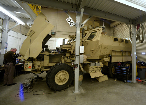 Rick Egan  |  Tribune file photo 

A mine-resistant vehicle (MRAP) at the UHP maintenance shop in Taylorsville in January 2014.