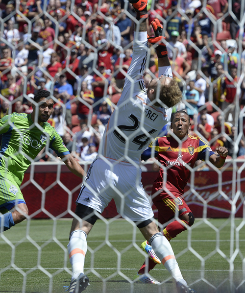 Scott Sommerdorf   |  The Salt Lake Tribune
RSL forward Joao Plata watches his header sail out of the reach of Seattle goalkeeper Stefan Frei early in  the second half for a 1-0 lead. RSL defeated the Seattle Sounders 2-1 at Rio Tinto Stadium, Saturday, August 15, 2014.
