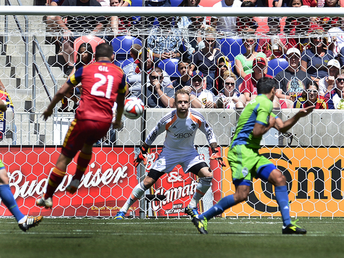 Scott Sommerdorf   |  The Salt Lake Tribune
Luis Gil sends a header toward Seattle GK Stefan Frei during first half play. Frei made the save. RSL defeated the Seattle Sounders 2-1 at Rio Tinto Stadium, Saturday, August 15, 2014.