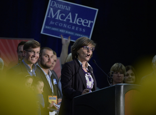 Scott Sommerdorf   |  Tribune file photo
Donna McAleer, candidate for Congress from Utah's 1st Congressional District, will hold a fundraiser with featured gues retired Col. Margarethe Cammermeyer. In this file photo from April, McAleer is shown speaking at the Utah Democratic Convention.