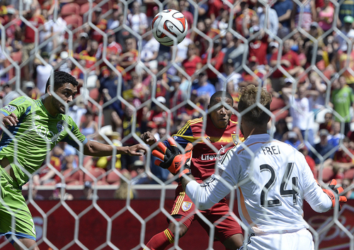 Scott Sommerdorf   |  The Salt Lake Tribune
RSL forward Joao Plata sends a header into the net past Seattle goalkeeper Stefan Frei early in  the second half for a 1-0 lead. RSL defeated the Seattle Sounders 2-1 at Rio Tinto Stadium, Saturday, August 15, 2014.