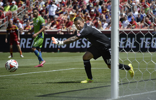 Scott Sommerdorf   |  The Salt Lake Tribune
RSL GK Nick Rimando watches a shot goes wide during first half play. RSL defeated the Seattle Sounders 2-1 at Rio Tinto Stadium, Saturday, August 15, 2014.