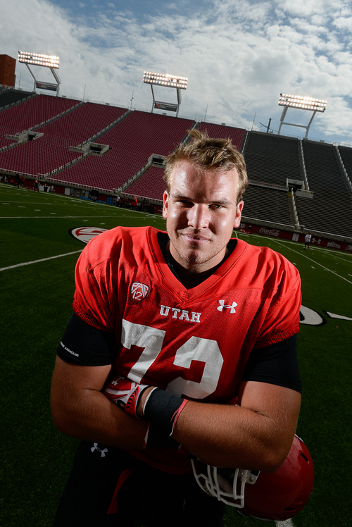 Francisco Kjolseth  |  The Salt Lake Tribune
Offensive tackle Andrew Albers of the University of Utah football team wraps up a practice at Rice-Eccles Stadium on Tuesday morning, Aug. 12, 2014.