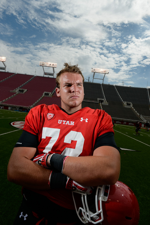 Francisco Kjolseth  |  The Salt Lake Tribune
Offensive tackle Andrew Albers of the University of Utah football team wraps up a practice at Rice-Eccles Stadium on Tuesday morning, Aug. 12, 2014.