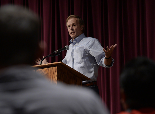 Scott Sommerdorf   |  The Salt Lake Tribune
UEP attorney Jeff Shields speaks at the UEP community meeting held at El Capitan School, Saturday, August 9, 2014.
