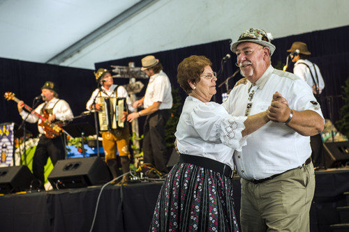 Chris Detrick  |  The Salt Lake Tribune
Don and Lois Schrader, of Woods Cross, dance during Snowbird's 42nd Annual Oktoberfest Celebration Saturday August 16, 2014.