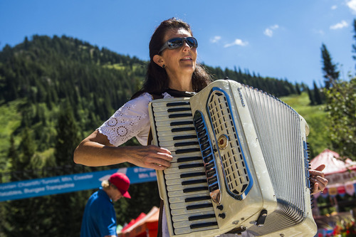 Chris Detrick  |  The Salt Lake Tribune
Yvonne Mueller, of Draper, plays the accordion during Snowbirdís 42nd Annual Oktoberfest Celebration Saturday August 16, 2014.