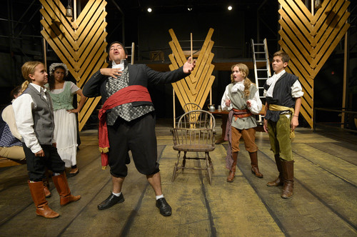 Leah Hogsten  |  The Salt Lake Tribune
Robert Fernandez  (center) plays "Falstaff." The cast of the "Merry Wives of Windsor" rehearse at Utah Children's Theatre, Aug. 5, 2014,  as part of the company's Shakespeare Festival for Kids and Adults With Short-Attention Spans. The show runs Aug. 15-Sept. 27.