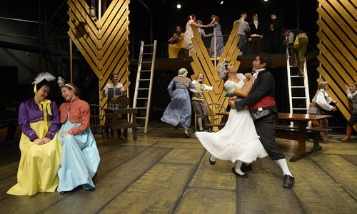 Leah Hogsten  |  The Salt Lake Tribune
Actors Lynn Jennings-Johnson dances with Robert Fernandez as Alice Miller and Daryll McKane (left) watch the action during a rehearsal for the "Merry Wives of Windsor"at Utah Children's Theatre, Aug. 5, 2014,  as part of the company's Shakespeare Festival for Kids and Adults With Short-Attention Spans. The show runs Aug. 15-Sept. 27.