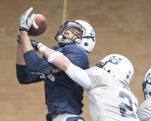 Rick Egan  |  The Salt Lake Tribune

Brandon Swindall (11) grabs a pass for a touchdown for the Blue team, as Brian Suite (21) defends, in the Utah State Aggie's final spring scrimmage, Saturday, April 12, 2014