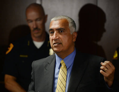 Steve Griffin  |  The Salt Lake Tribune

Salt Lake County District Attorney Sim Gill stands with leaders of The Metro Narcotics Task Force and its partners as they announce the seizure of 31 pounds of heroin during a press conference at the U.S. Drug Enforcement Administration's Salt Lake City District Office in Salt Lake City, Thursday, August 21, 2014.